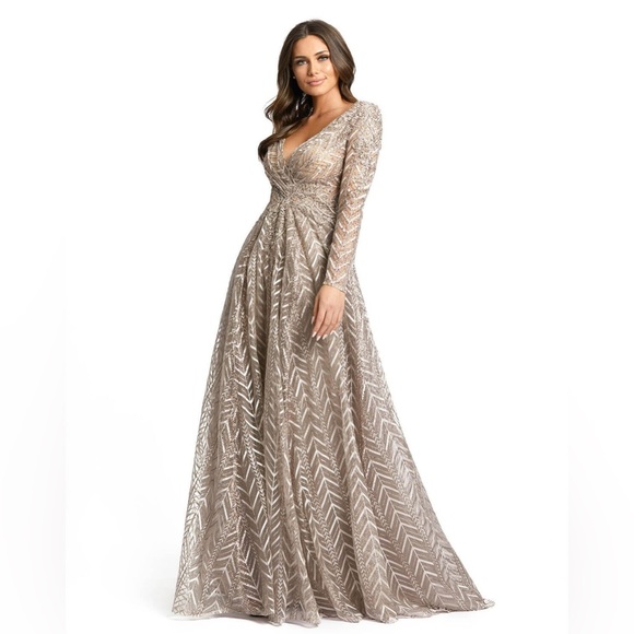 Mac Duggal Beige/Taupe Embellished Illusion Long Sleeve Wrap Over A Line Gown - Picture 1 of 12